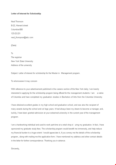scholarship letter of interest format template