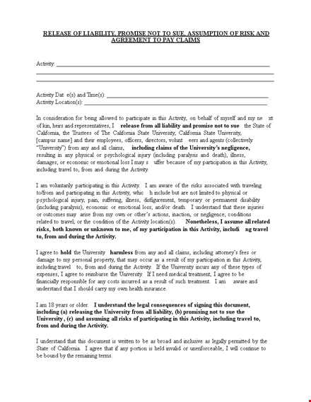 example liability release form for university activity and participant safety template
