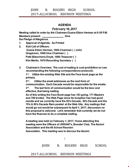 high school reunion agenda: school meeting with chairman to plan decade celebration template