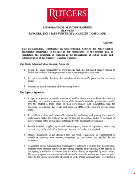 memorandum of understanding template for student internships | agency coordination template