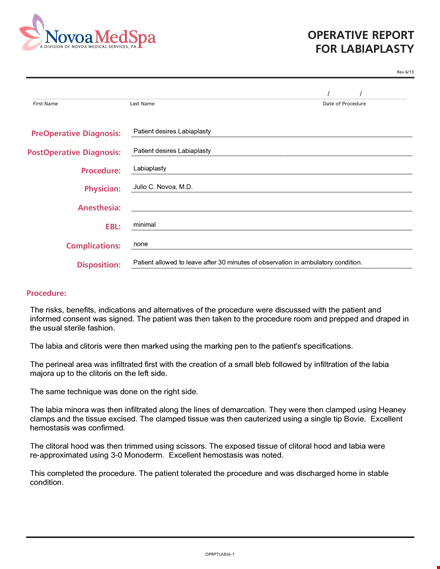 example of operative report - labiaplasty procedure for patient template