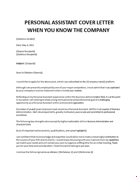 personal assistant cover letter  template