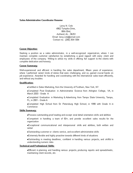 sales administrative coordinator resume template