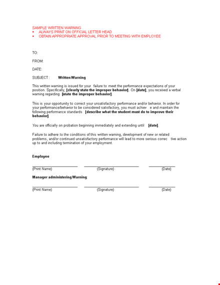 improve employee performance and behavior with a written warning letter template