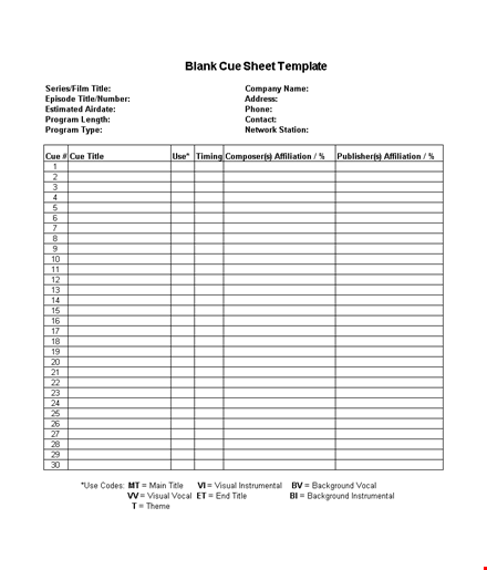 free excel blank cue sheet template template