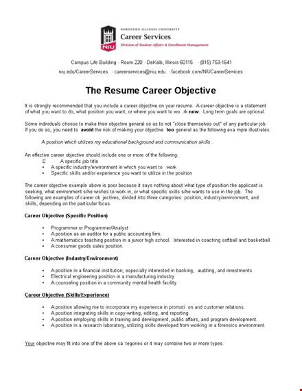 resume career objective example template