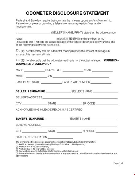 odometer disclosure statement | state requirements for vehicle sellers on mileage and odometer template