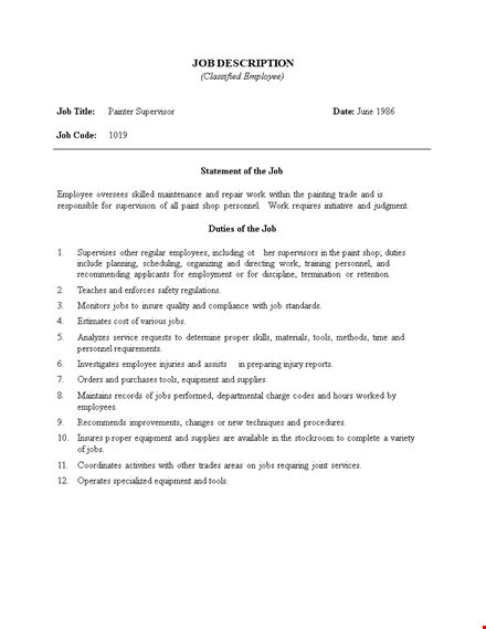 painting supervisor job description - responsibilities, employee duties, and effort template