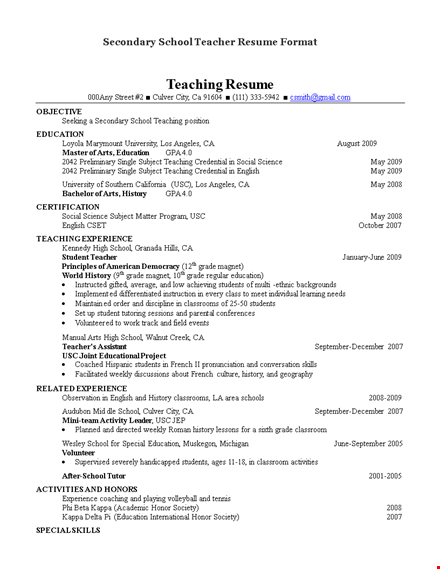 secondary school teacher resume format template