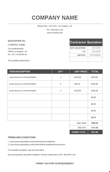contractor quotation template for company | get a detailed quotation for your project | lorem ipsum template