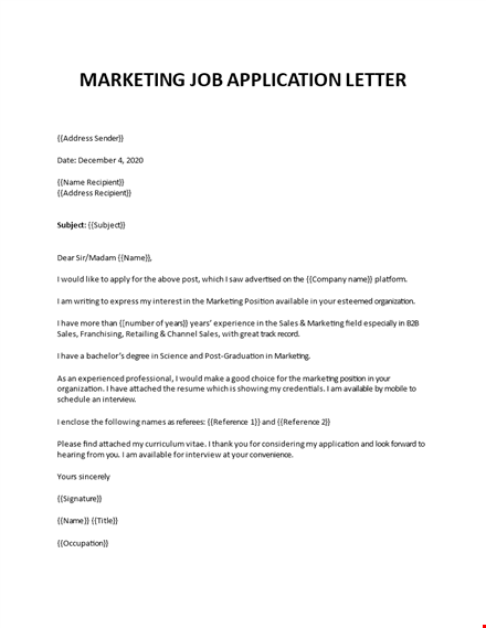 marketing job application letter template