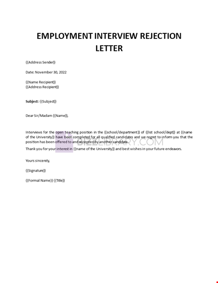 employment interview rejection letter template