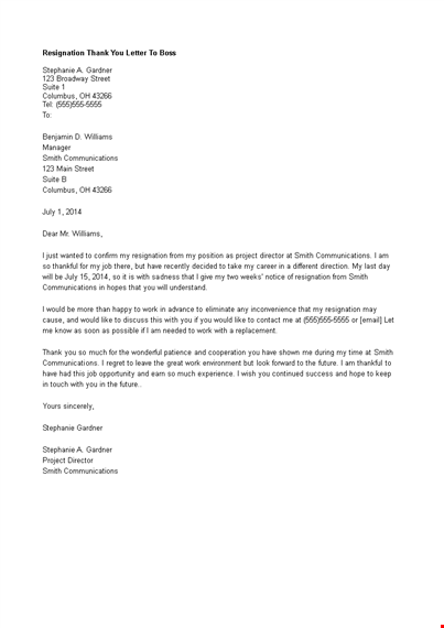 resignation thank you letter to boss template
