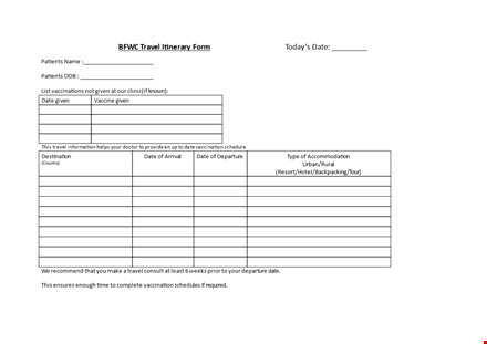 patients travel itinerary template
