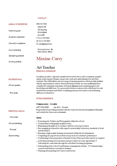 elementary art teacher resume template