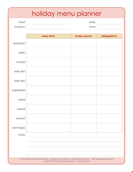 holiday meal planning template template