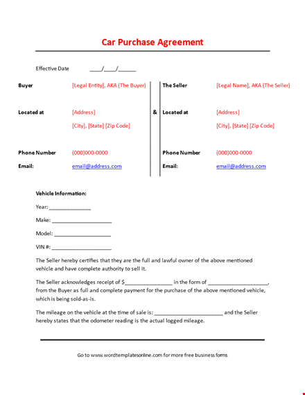vehicle purchase agreement | buyer & seller info included | download now template