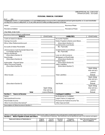 free personal financial statement template - easily describe your income and assets in sections template