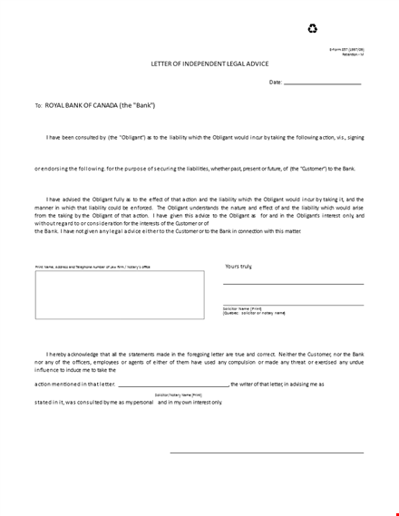 obtain independent legal advice for liability action: independent legal advice letter template
