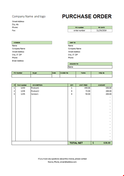 easy company purchase order - enter po number | address & phone included template