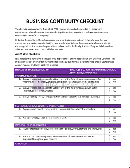 business continuity checklist template template