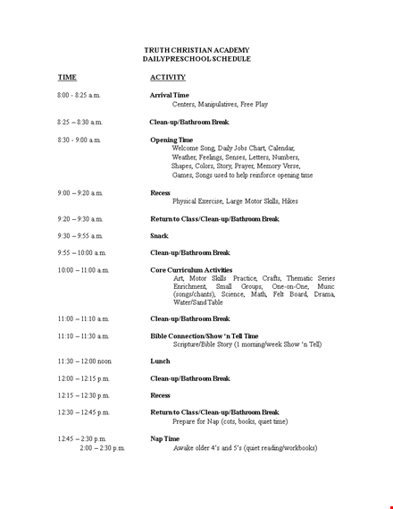 daily preschool schedule template template