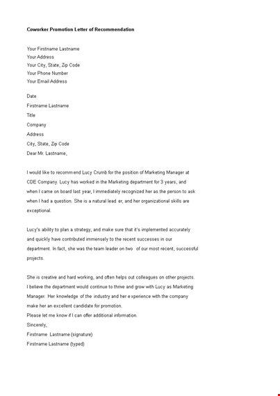 coworker promotion letter of recommendation template