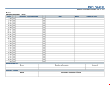 daily planner template - organize your daily schedule and keep a daily record template