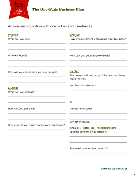 one page business plan template template