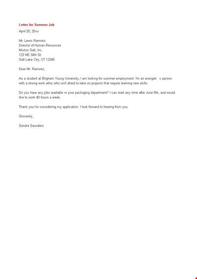 summer work application letter template