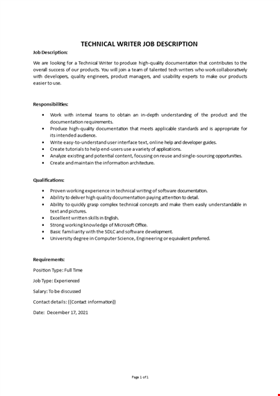 software technical writer job description template