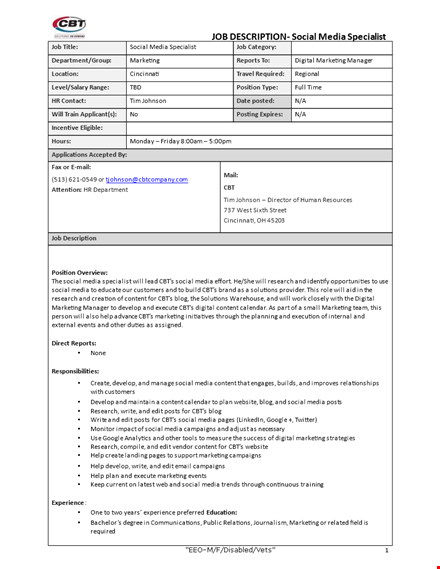 social media specialist job description template