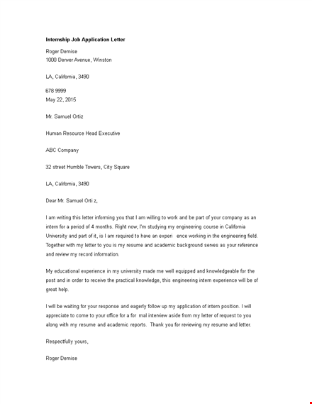 internship job application letter template