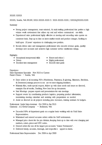 sales operations specialist resume template