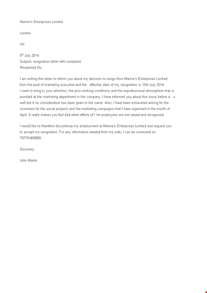 employee resignation complaint letter template template