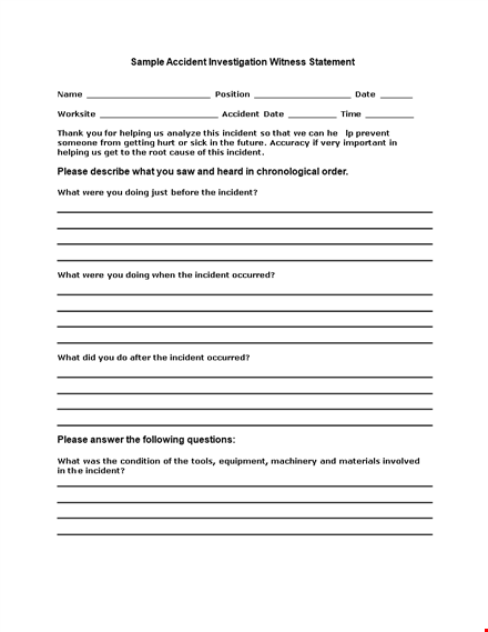 witness statement form - accident, equipment | please describe the incident that occurred template