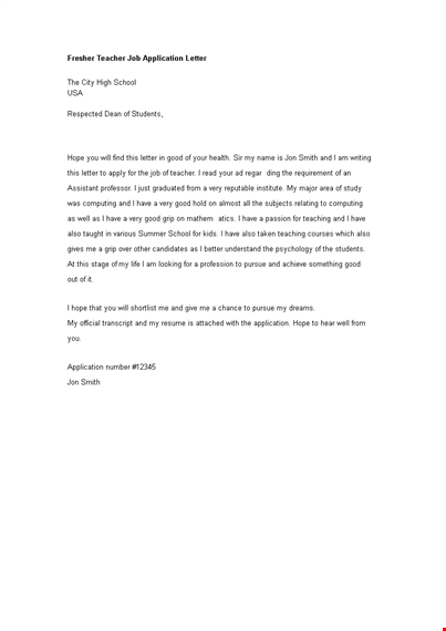 fresher teacher job application letter template