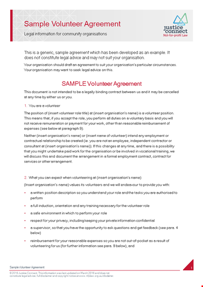 sample volunteer agreement - volunteer organization | download free template template