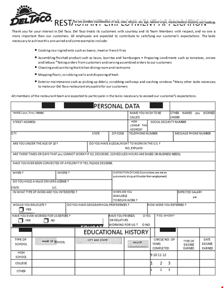 restaurant job application form: download pdf for employment template