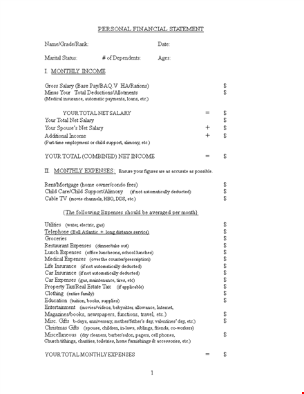 track your monthly income and expenses with our personal financial statement template template