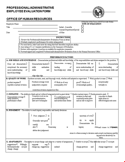 professional administrative employee evaluation form template