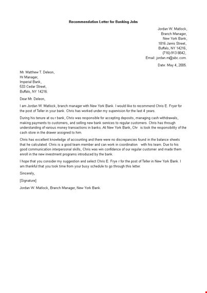 personal banker letter of recommendation template