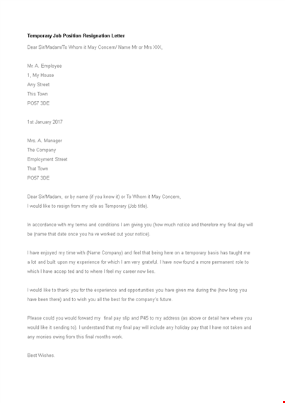 resignation letter for temporary position template