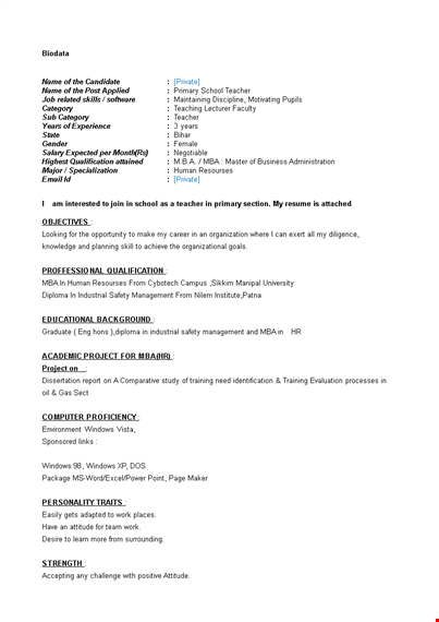 primary school teacher resume fresher template