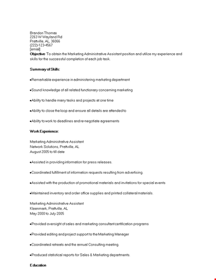 marketing administrative assistant resume - administrative assistant in prattville template