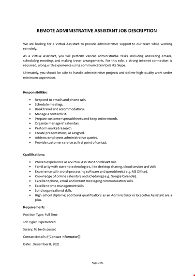 remote administrative assistant job description template