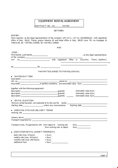 equipment lease agreement - legal rental for hirer, represented professionally template