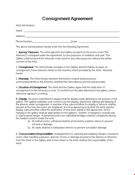 consignment agreement template for artists and galleries - manage artworks with ease template