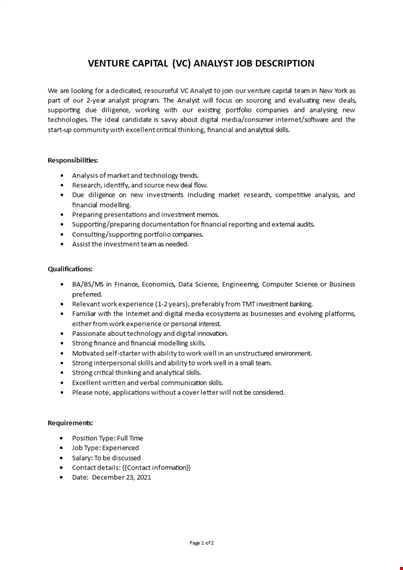 venture firm analyst job description template