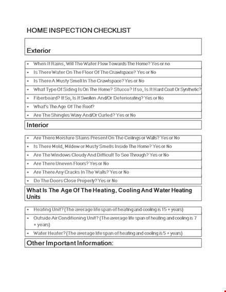 complete home inspection checklist for water, heating, and cooling systems template